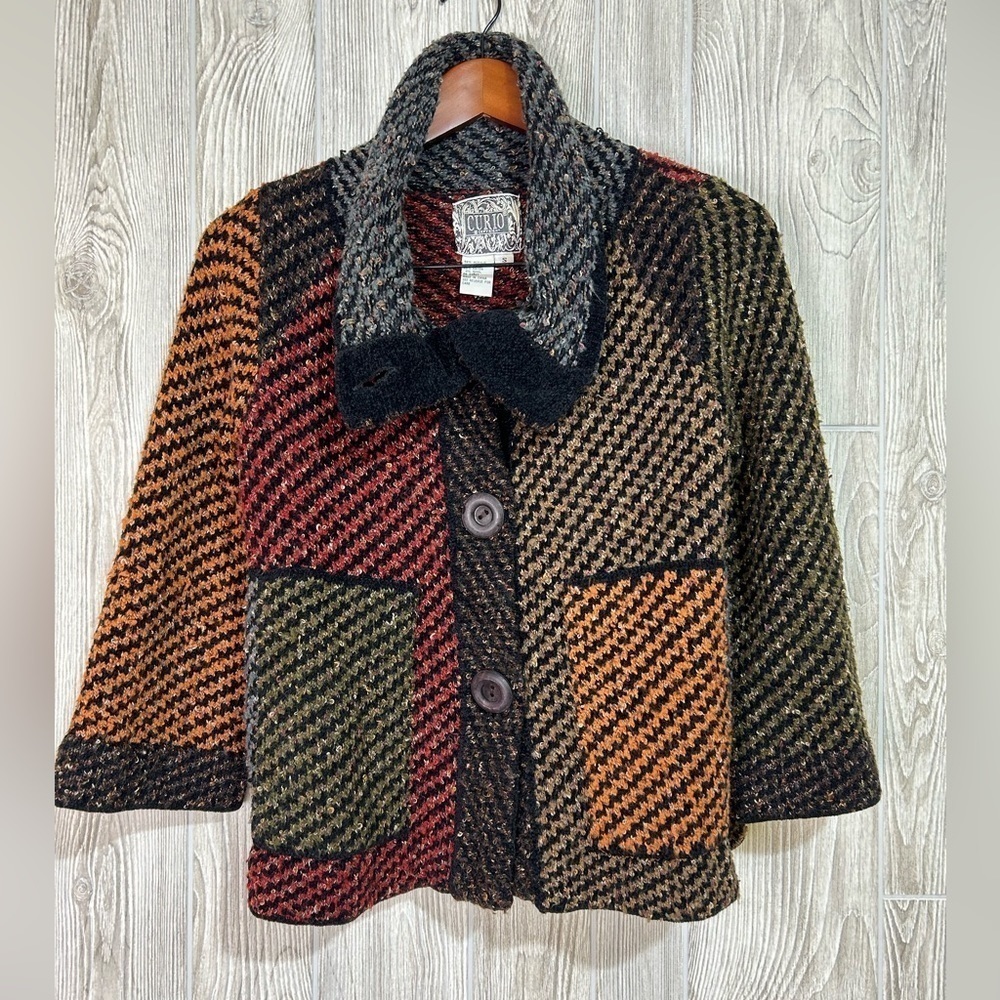 Vintage Curio Patchwork Button Front Cardigan Bla… - image 7